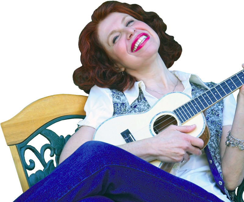 a laughing Cali Rose plays a ukulele while reclining on a bench