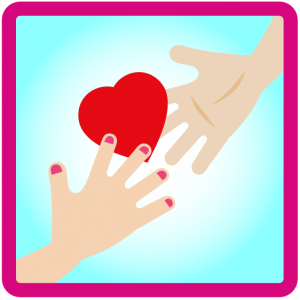 a button with two hands exchanging a red cut-out heart