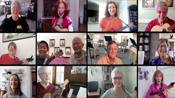 lots of people in squares using zoom to have ukulele classes