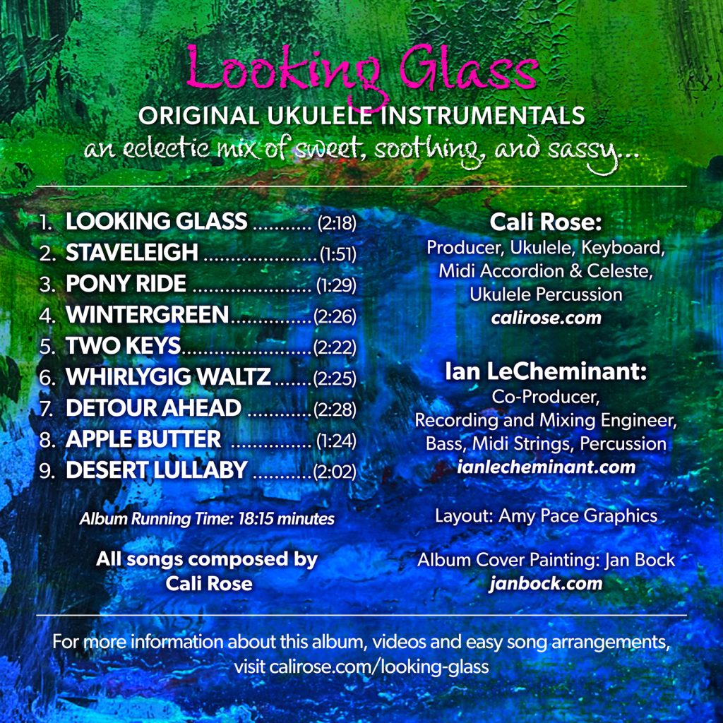 a CD back cover - text on a blue and green abstract painting