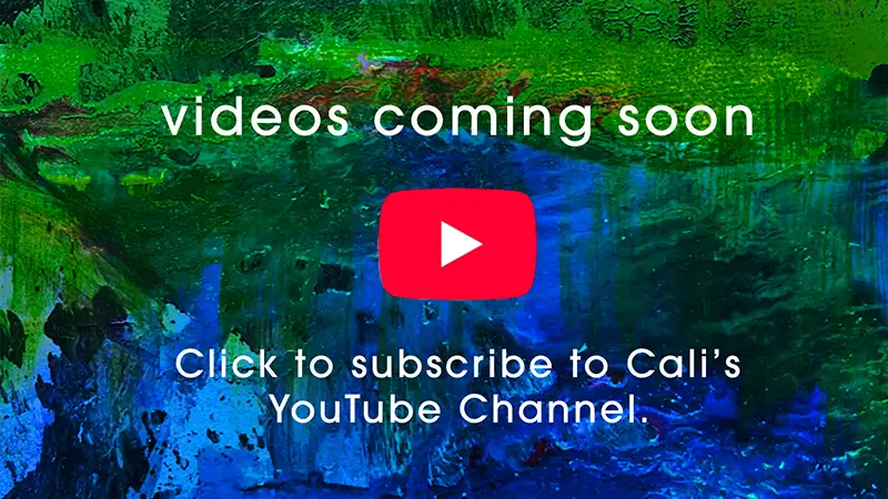 a brightly colored abstract painting with the YouTube red play arrow and the words coming soon